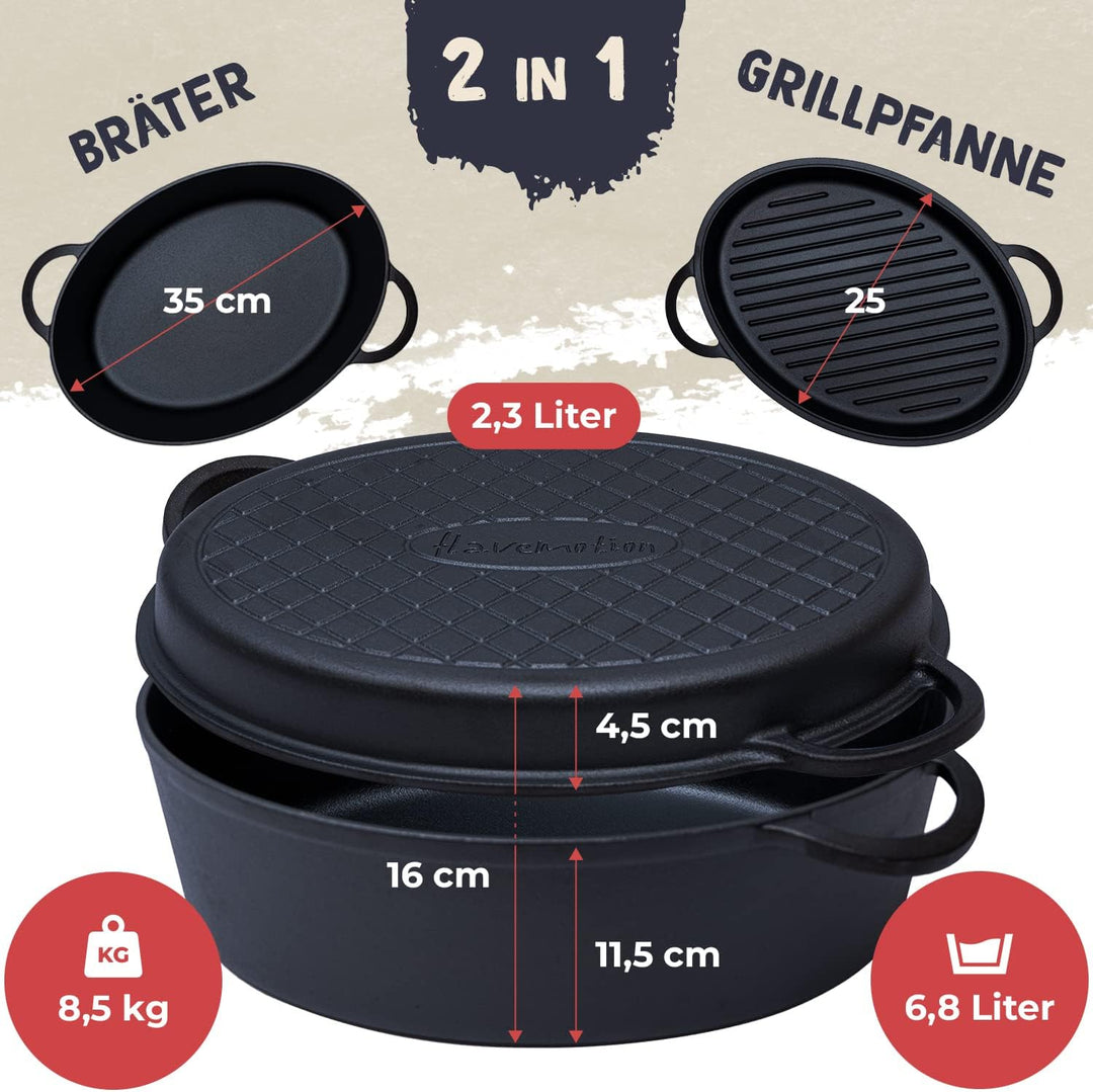FLAVEMOTION Gusseisen Bräter mit Deckel als Grillpfanne (2in1) 35cm, 9,1L, 8,5kg - Topf, Schmortopf