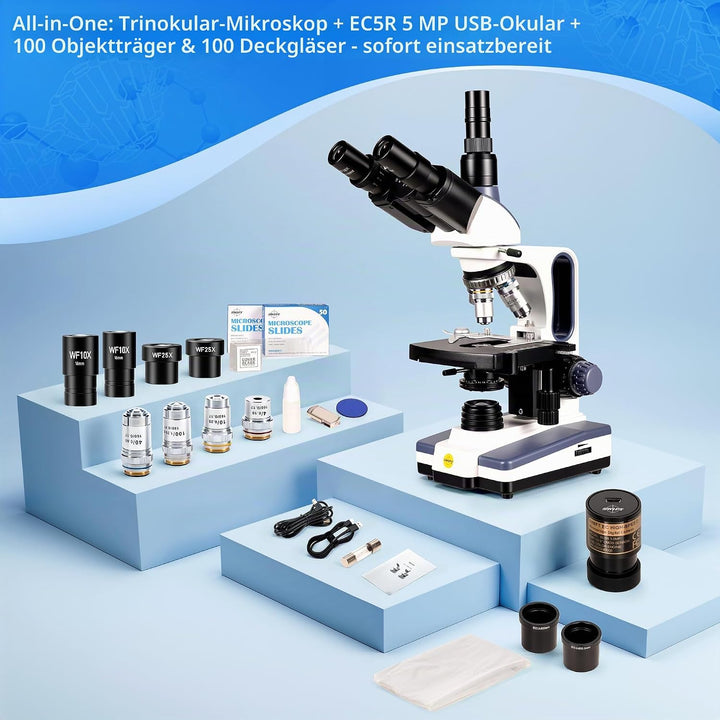 SWIFT SW350T Trinokulares biologisches Mikroskop 40–2500× mit EC5R 5‑MP USB-Okular, 1 W LED, Abbe‑Ko