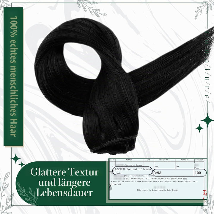 RUNATURE Echthaar Extensions Clip in Naturliches Schwarz 30cm Gerade Extensions Clip in Echthaar Rem