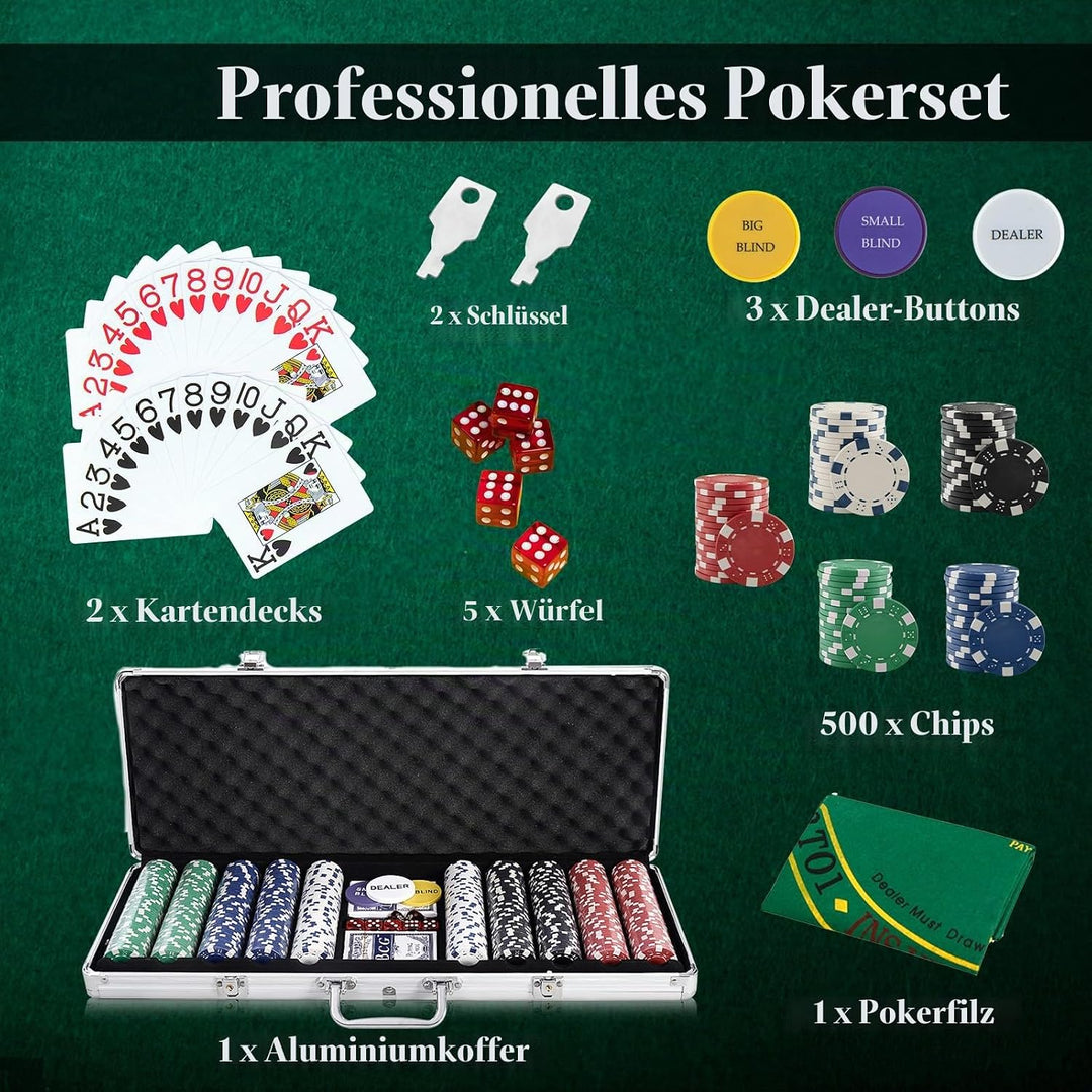 HOMASIS Pokerset mit 500 Chips, Poker Koffer mit 2 Kartendecks, 5 Würfel, Kasino-Matte, 3 Dealer But