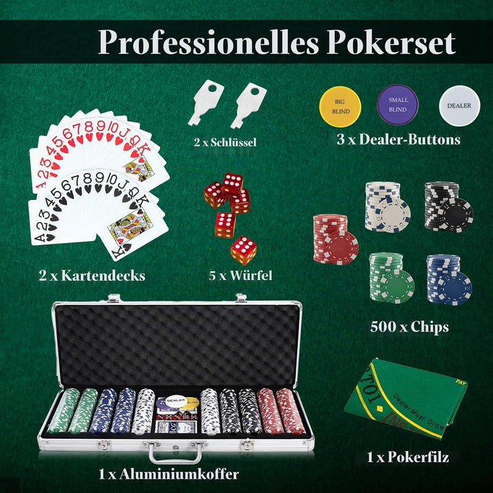 HOMASIS Pokerset mit 500 Chips, Poker Koffer mit 2 Kartendecks, 5 Würfel, Kasino-Matte, 3 Dealer But