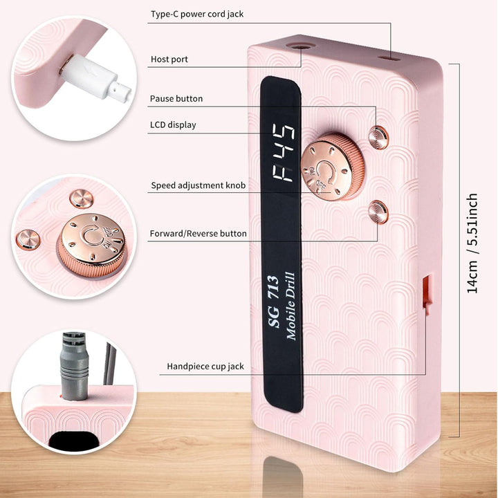 Elektrischer Nagelfräser Professionell, 45000 U/min,Tragbare Nagelfeile für Acrylnägel Gelnägel, mit