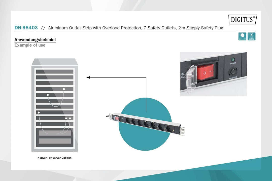 DIGITUS 19" Steckdosenleiste - 7 Abgriffe - 1HE - 250VAC - 50/60Hz - 16A - 4000W - Mit Überlastschut