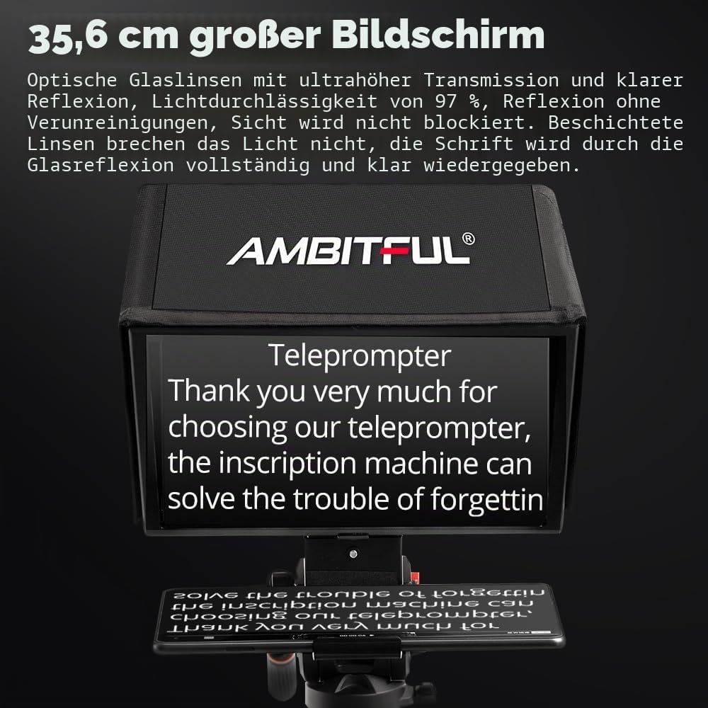 Ambitful T14Pro Teleprompter für Kamera, iPad, Android-Tablet, Smartphone, App-Steuerung/keine Monta