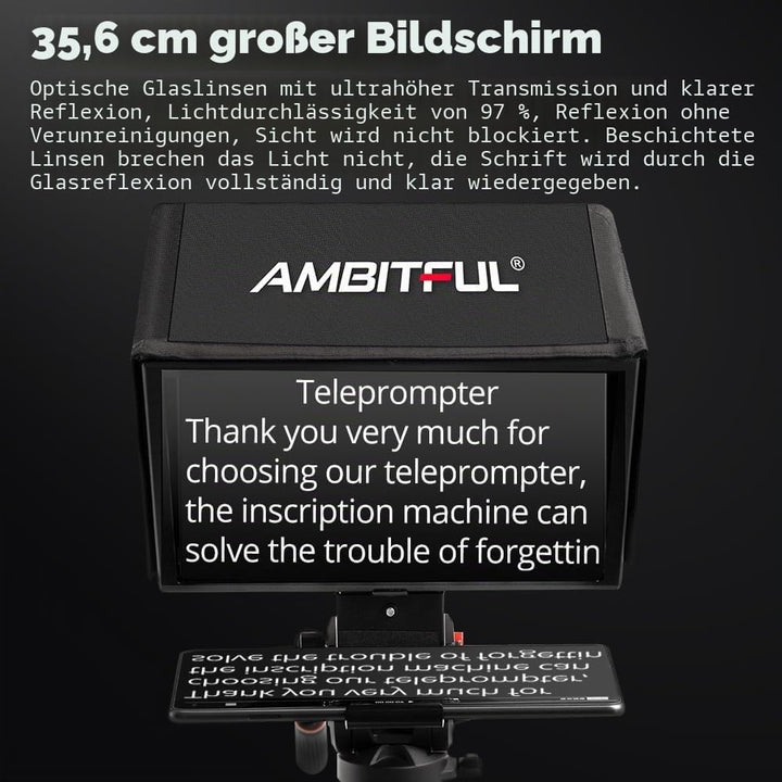 Ambitful T14Pro Teleprompter für Kamera, iPad, Android-Tablet, Smartphone, App-Steuerung/keine Monta