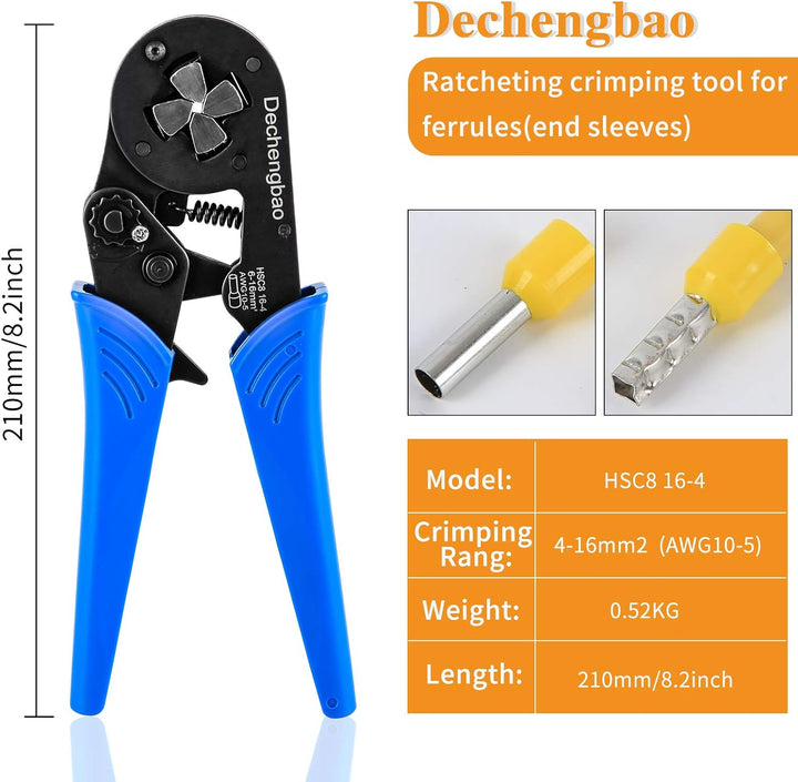 Aderendhülsen-Crimpzange, Dechengbao 16-4 Square Jaw Draht-Crimpzange AWG 30-5 (0.08-16mm²) Aderendh