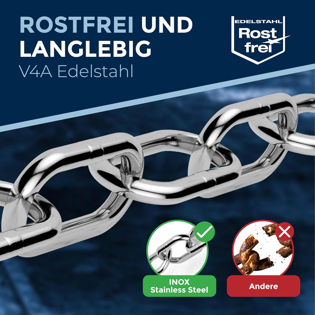 Edelstahlkette V4A A4 langgliedrig DIN 763 / DIN 5685 – 13 mm x 25 cm – 2 Stück – für Heavy-Duty-Ein