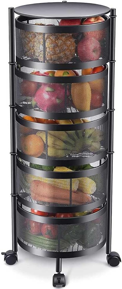 BAKAJI Küchenwagen aus Metall mit 5 aufklappbaren Korbablagen und 4 Rädern um 360 Grad drehbar, plat