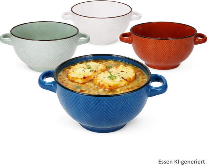 MamboCat 4er Set Chevron Suppentassen I 450ml, Ø13cm I 1x Blau, Braun, Olivgrün & Weiss mit braunem