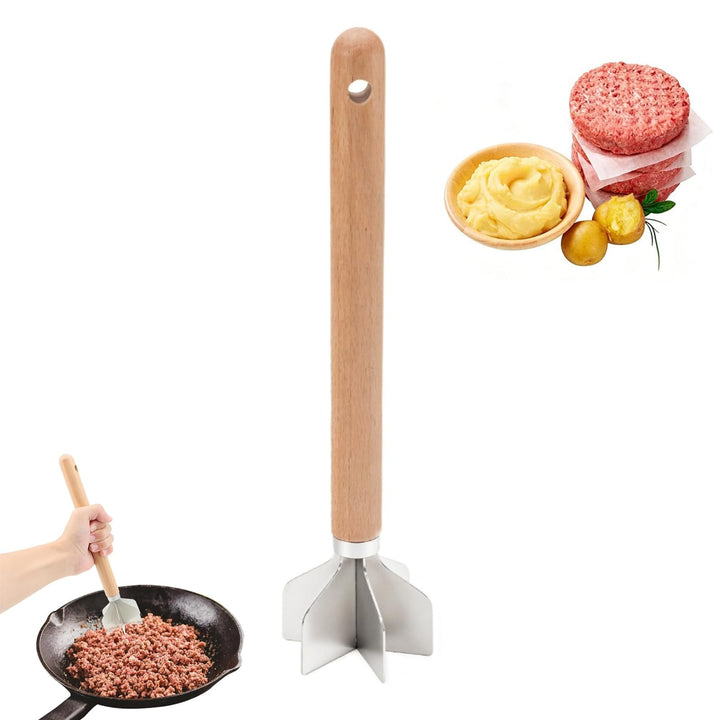 Hackfleisch Zerkleinerer, Kartoffelstampfer aus Edelstahl mit Holzgriff, Fleischwolf Manuell für Ham