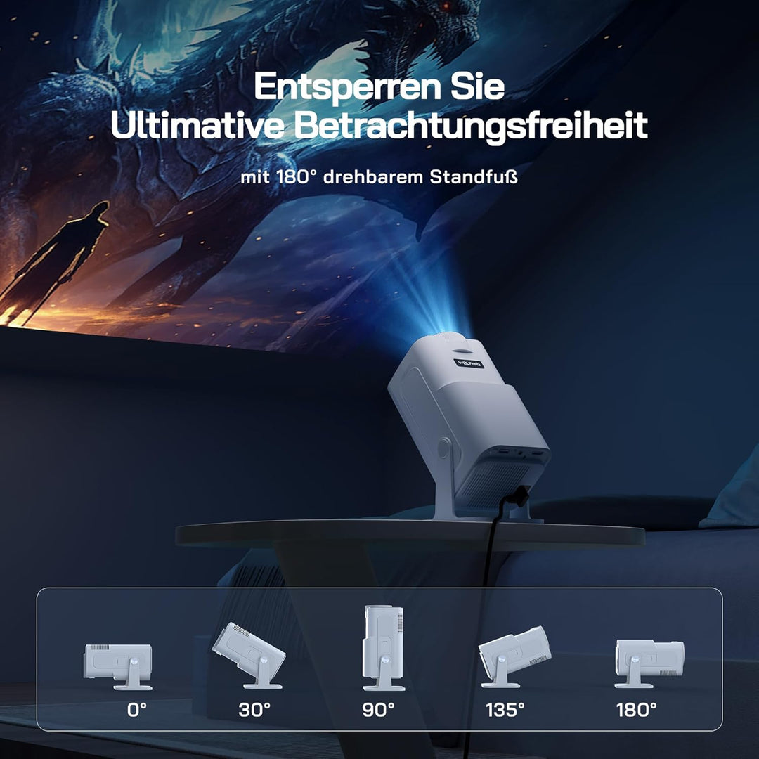WOLFANG 4K Mini Beamer mit Offiziellem Netflix, 26000 Lumen WiFi 6 Smart Projektor mit 50% Zoom & Tr