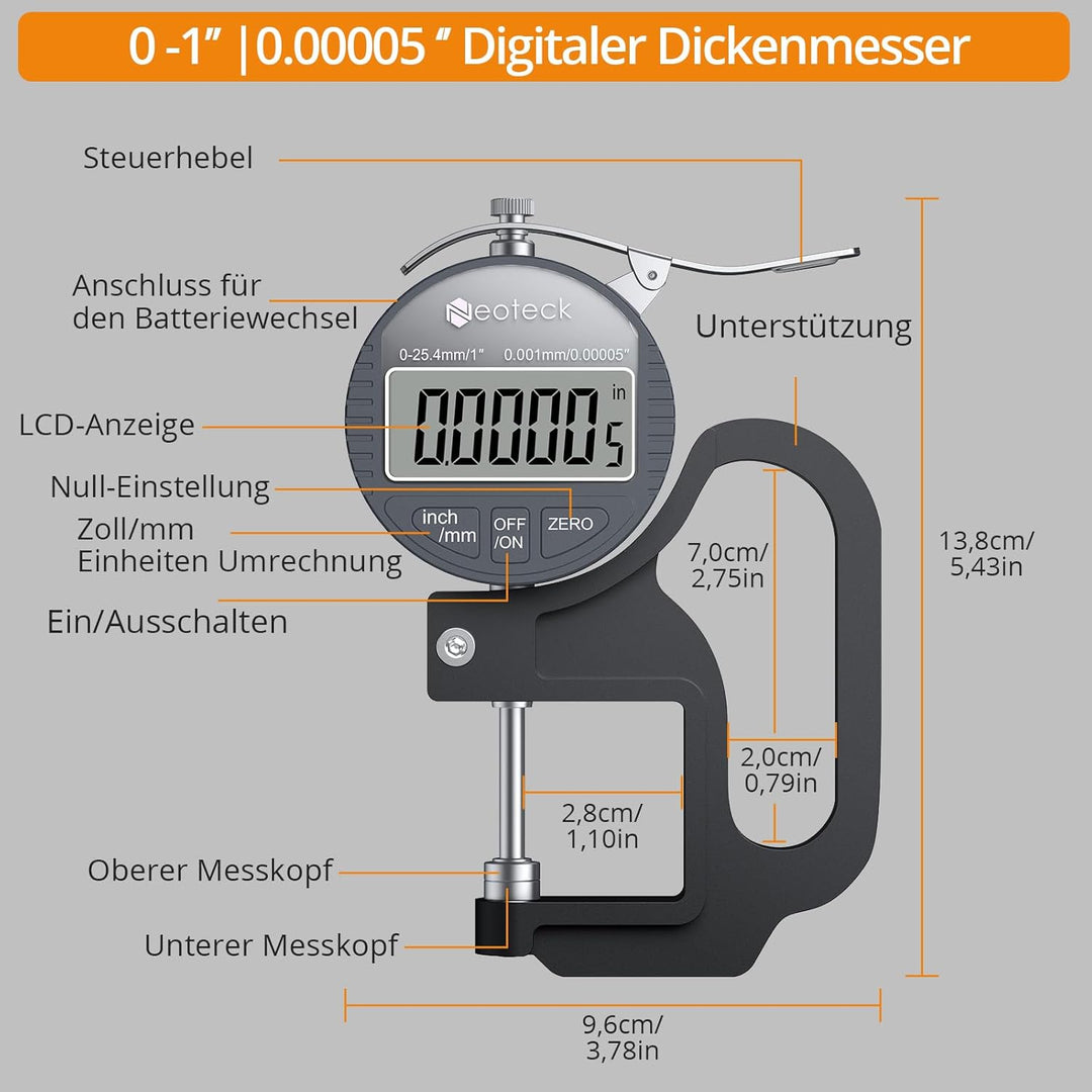 Neoteck Tragbares digitales Dickenmessgerät 0-25,4 mm Messbereich 0,001/0,00005 '' elektronischer Mi