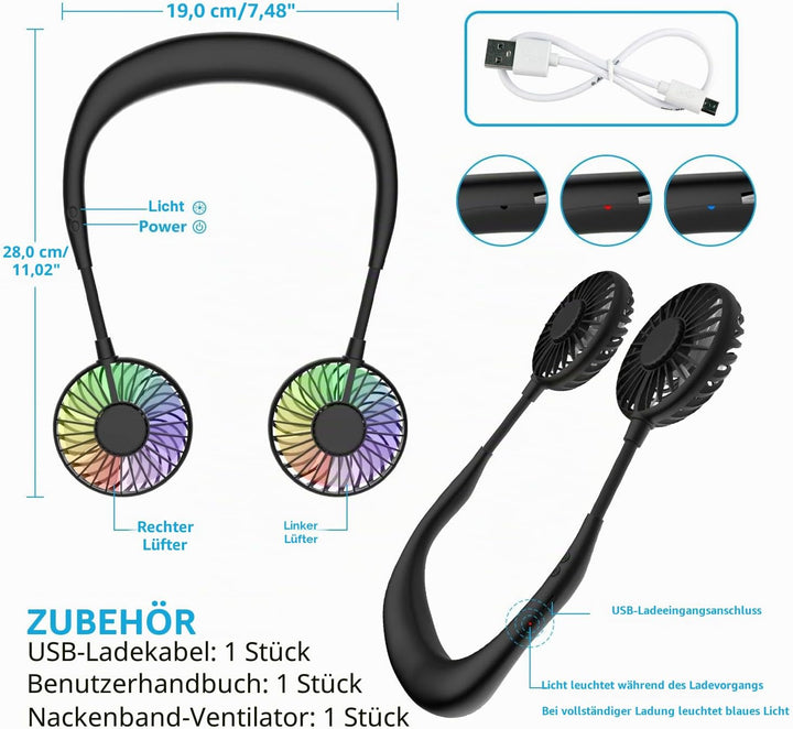 Nackenventilator, tragbarer Mini-USB-Ventilator, tragbarer Hals-Ventilator, wiederaufladbar, Luftküh