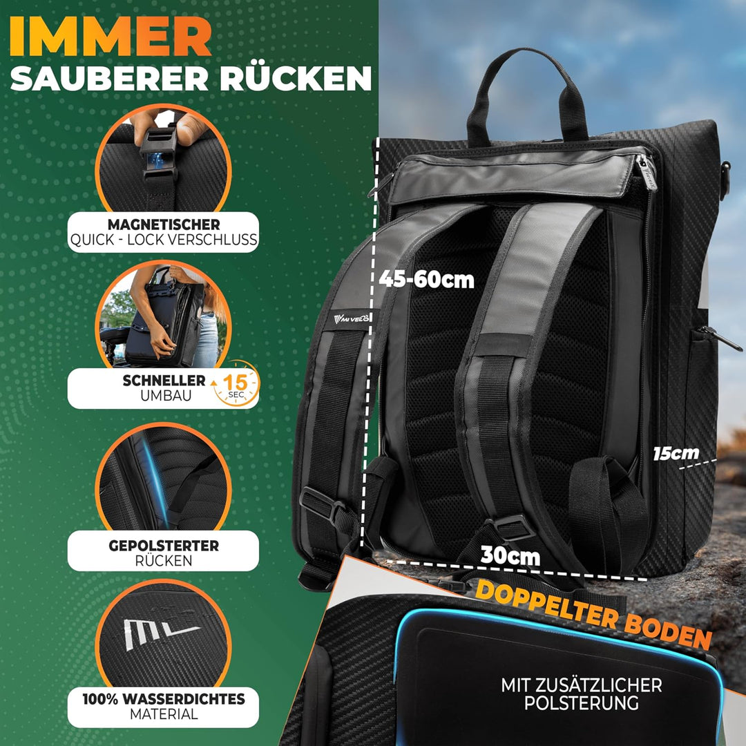 MIVELO 3in1 Fahrradtasche für Gepäckträger I Rucksack &amp; Gepäckträgertasche hinten - in 15 Sekunden u