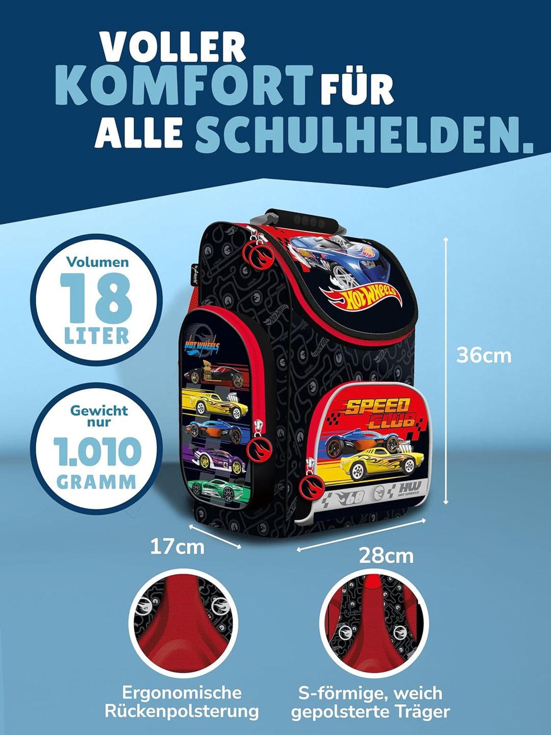 Familando Hot Wheels Schulranzen-Set 7 tlg. mit Federmappe, Turnbeutel und