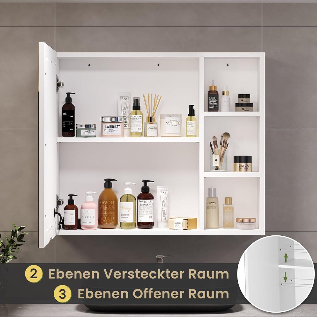 DICTAC Spiegelschrank Bad mit LED Beleuchtung 70x60x16cm Einzeltür Badezimmer spiegelschrank mit Ein