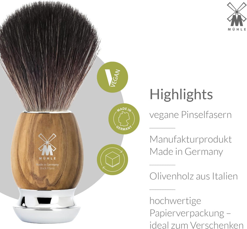 MÜHLE Vivo Rasierset - Black Fibre-Rasierpinsel, Rasierhobel, Ständer - Griffe aus Olivenholz und Me