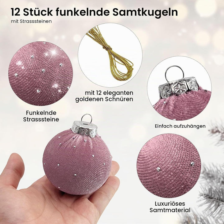 SNAIL GARDEN 12 Stück Glitzer-Samt-Weihnachtskugeln mit Goldenen Schnüren, 6cm Weihnachtsbaum-Dekora