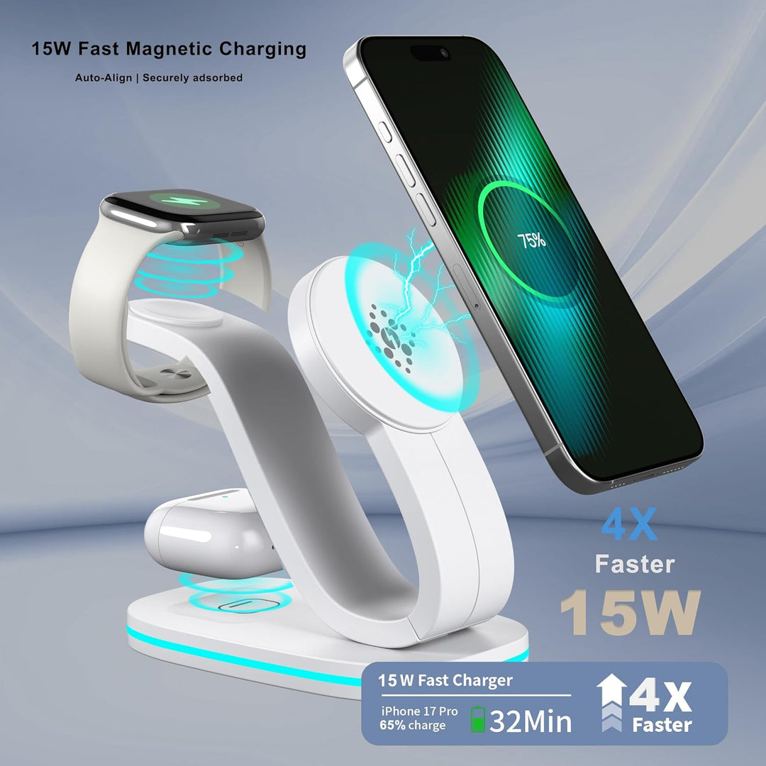 3-in-1 Ladestation für Apple kompatibel mit Magsafe | iPhone 17 16 15 14 13 12, AirPods, iWatch Seri