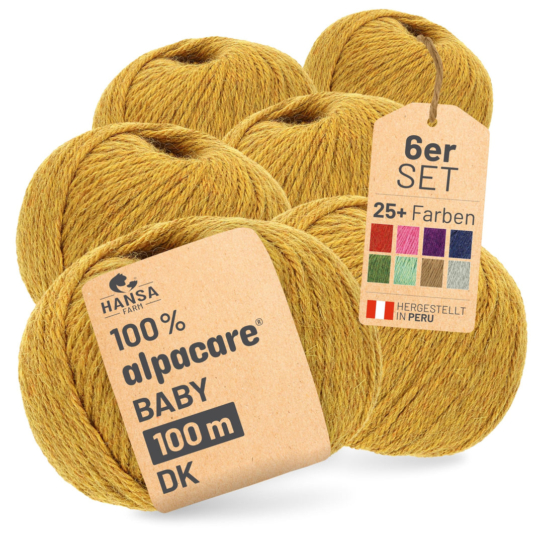 HANSA-FARM | Alpacare 100% waschbare Baby Alpakawolle in 25 Farben - 300 Set DK (6 x 50g) - Die 1. m