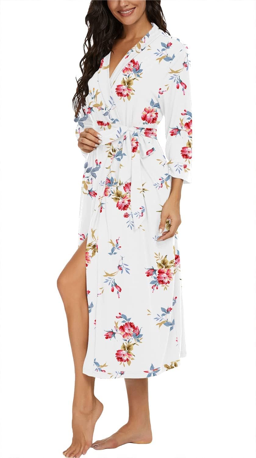 PrinStory Damen Bademantel Leichter 3/4 Ärmeln Morgenmantel V-Ausschnitt Kimono Roben Langes Nachtwä