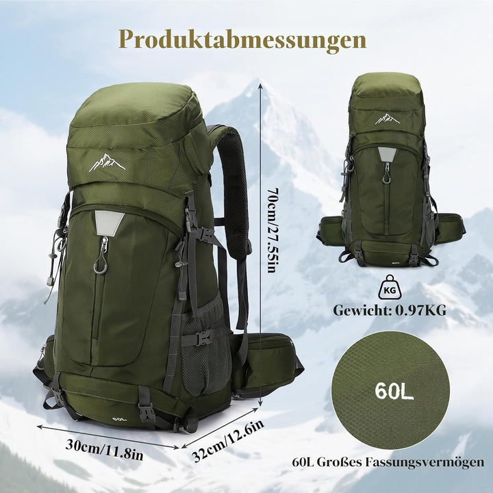 Wanderrucksack Wasserdicht 60L, Leichter Campingrucksack Sportlicher Reiserucksack Trekkingrucksack