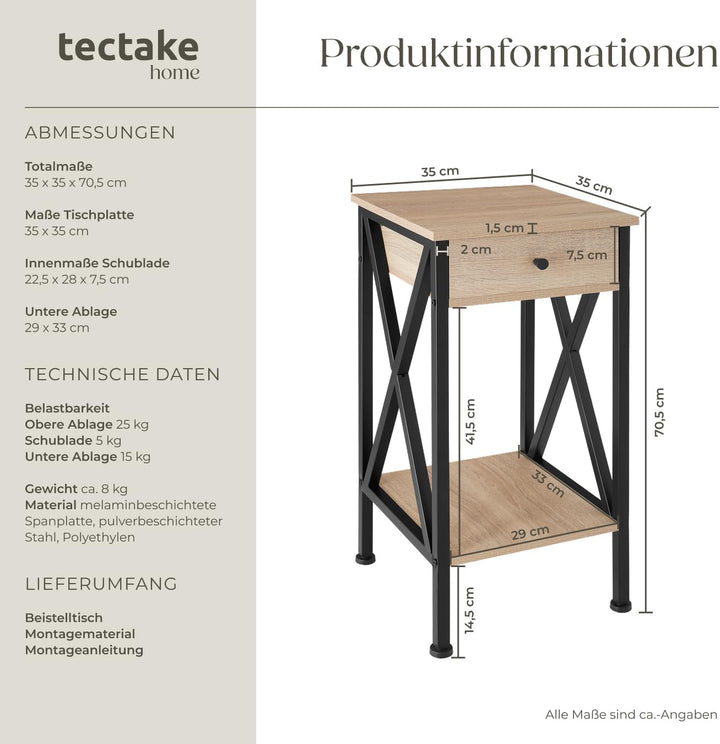 tectake® Industrial Möbel, Beistelltisch mit Schublade, Couchtisch mit Ablageflächen, Nachttisch sch