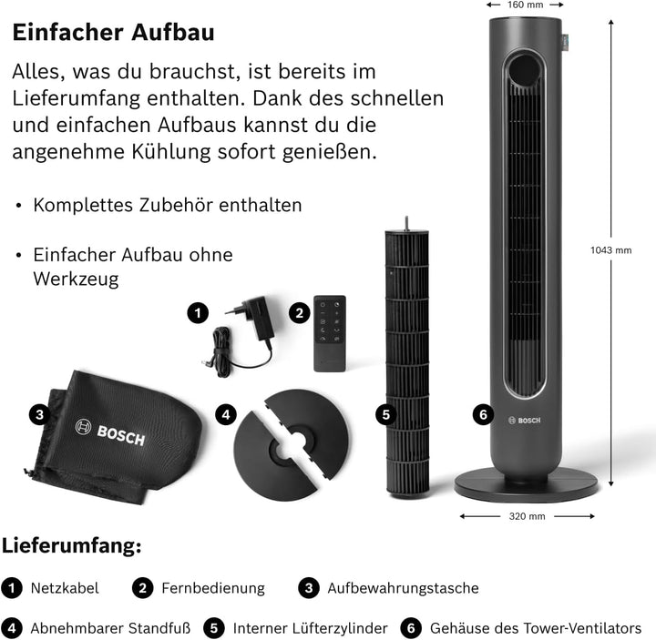 Bosch Tower Fan 6000, Leiser Turmventilator, Midnight Grey | Mit Fernbedienung, 12 Geschwindigkeitss