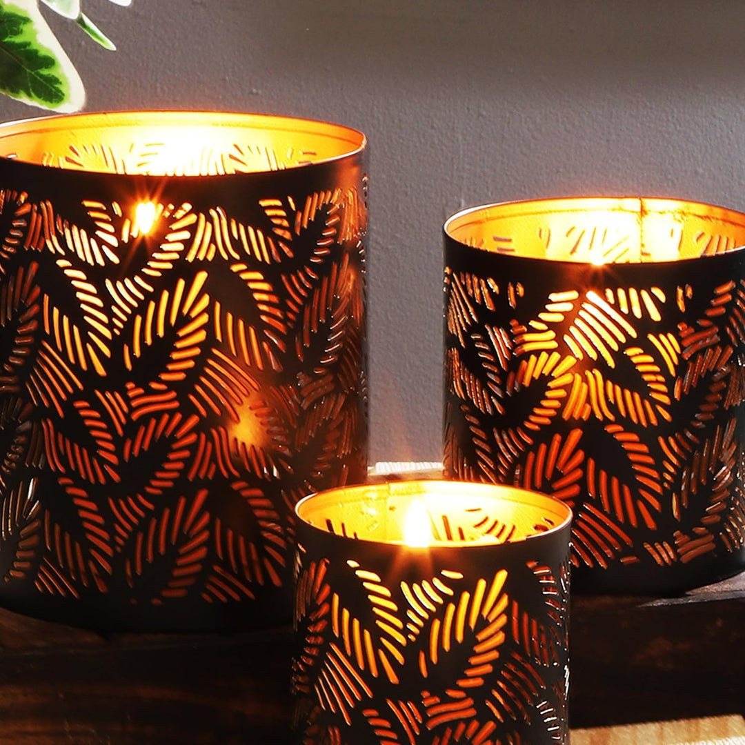 MARRAKESCH 3er Set Windlicht 14cm Gross aus Metall Orientalische Teelichthalter Ulama Schwarz Gold a