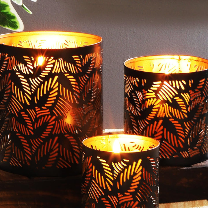MARRAKESCH 3er Set Windlicht 14cm Gross aus Metall Orientalische Teelichthalter Ulama Schwarz Gold a