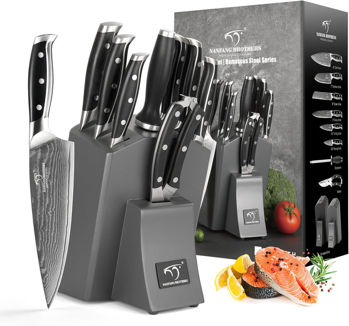 NANFANG BROTHERS Professionelles Damaskus Messerblock Set 9er Kochmesser-Set Aus Edelstahl Mit Holzb
