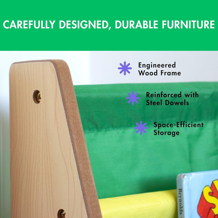 Humble Crew Kinder-Bücherregal aus Holz mit 4 Taschen, Natur- und Mehrfarbig Natural Wood/Primary, N