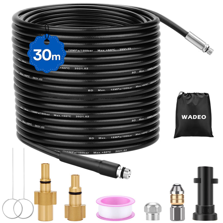 WADEO Hochdruck-Rohrreinigungsschlauch 30m für Kärcher und LAVOR, Premium Rohrreinigungsschlauch Set