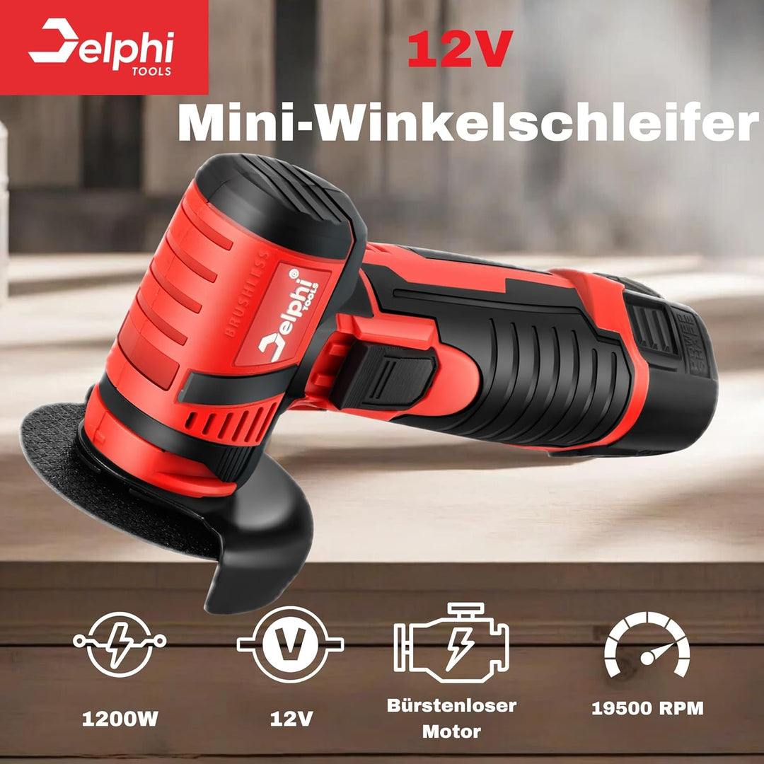 Delphi Mini Akku Winkelschleifer mit 2 Akkus und 7 Trennscheiben - Bürstenloser Mini Flex mit Zubehö