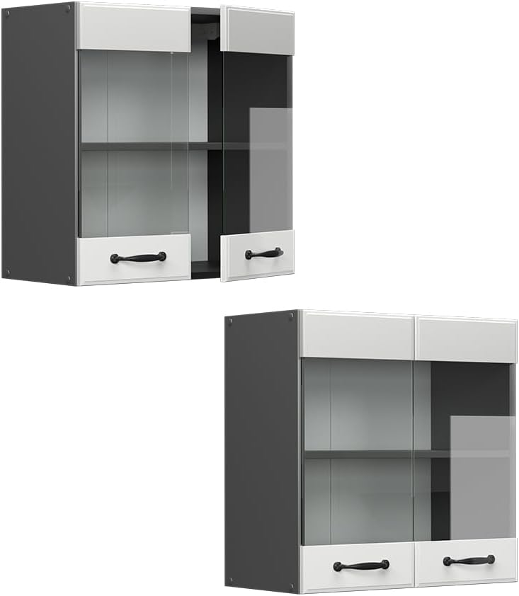 Vicco Küchenschrank Glas R-Line, Weiss Landhaus/Anthrazit, 60 cm Hängeglasschrank 60 cm, Hängeglassc