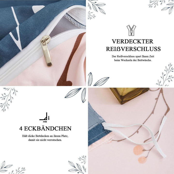 Tospass Bettwäsche 200x220 cm 3 Teilig Blumen Marineblau Rosa Modern Floral Bettwäsche Set Mädchen B