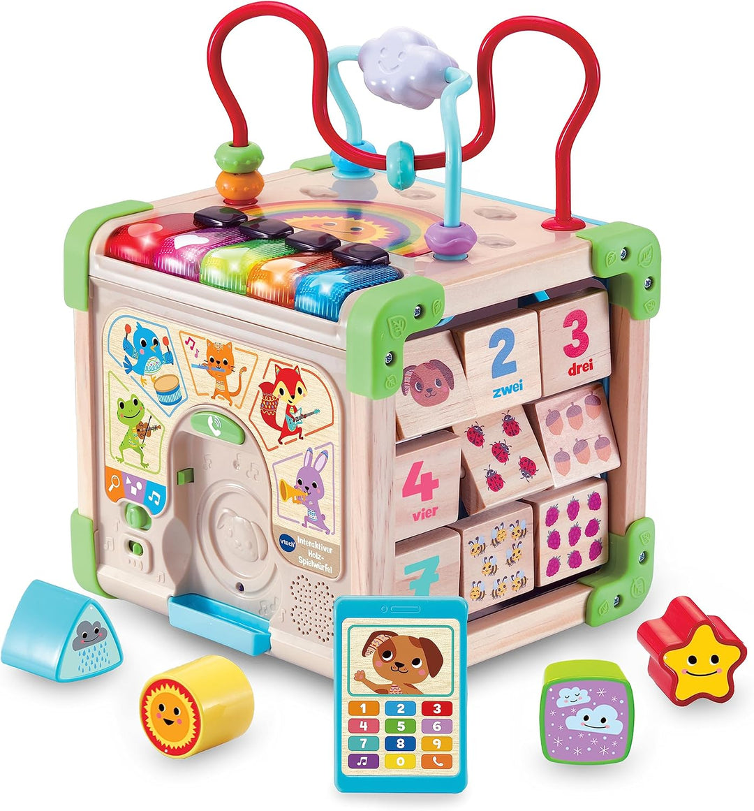 VTech Interaktiver Holz-Spielwürfel – Interaktiver Spielwürfel mit FSC®-zertifiziertem Holz – Mit ve