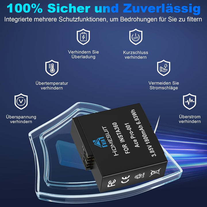 Homesuit Insta 360 Ace Ersatz Akku 1800mAh 2 Stück und USB Ladegerät kompatibel mit Insta360 Ace Pro