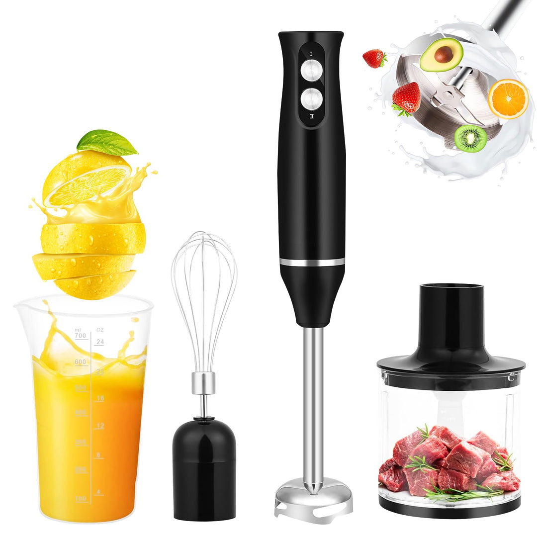 4-in-1 Stabmixer Edelstahl 500W, Pürierstab mit 2 Geschwindigkeiten, Hand Blender Set mit Schneebese