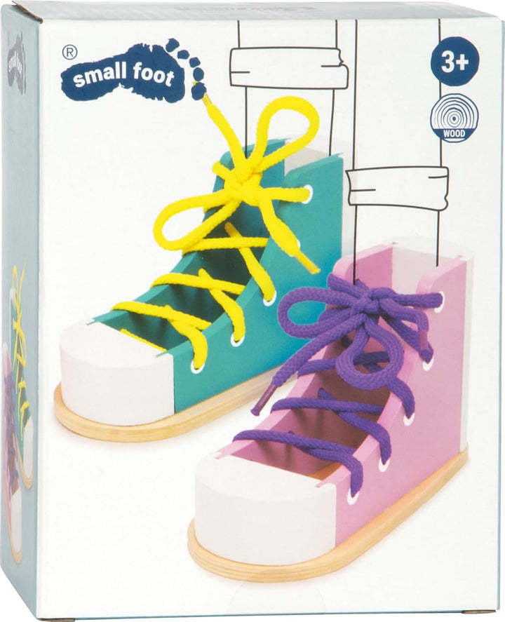 small foot Fädelschuhe "Schleife binden" aus Holz, Farbenfrohes 2er Set, inkl. passender Schnürsenke
