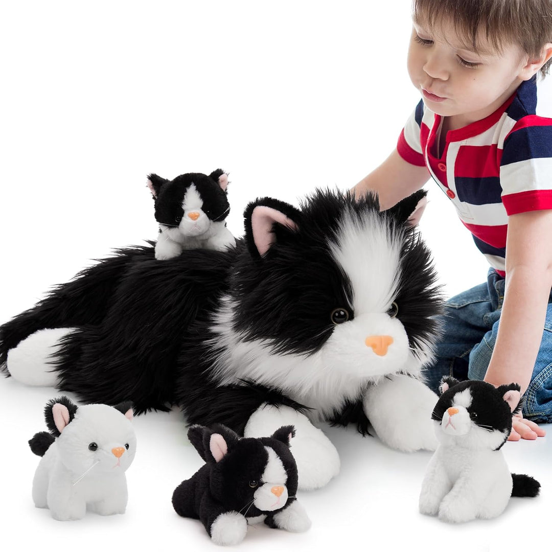 MorisMos 5 stücke Schwarz Katze Kuscheltier XXL Set, 50cm lang riesen Katze Kuscheltier mit Babys im