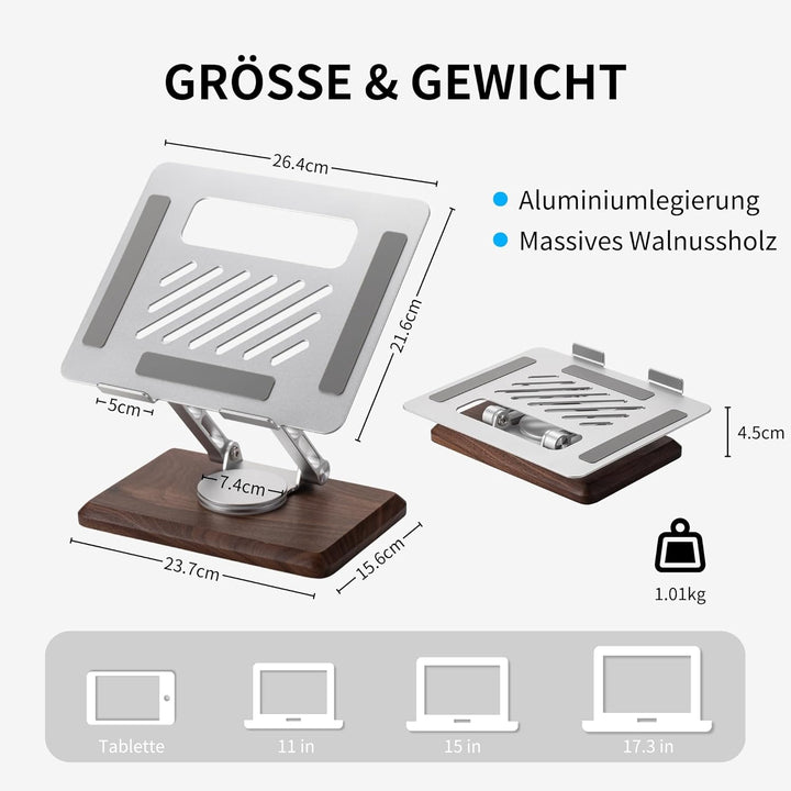muso wood Laptopständer Höhenverstellbar mit 360° Drehbarer Holz Basis Laptop Ständer Laptop Erhöhun