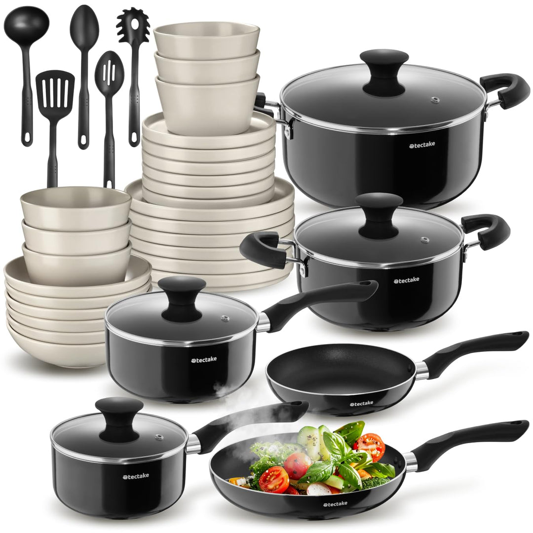tectake® Küchenstarterset 6 Personen, Steingut Geschirr Set, Teller, 4 Töpfe 2 Pfannen rostfreies Al