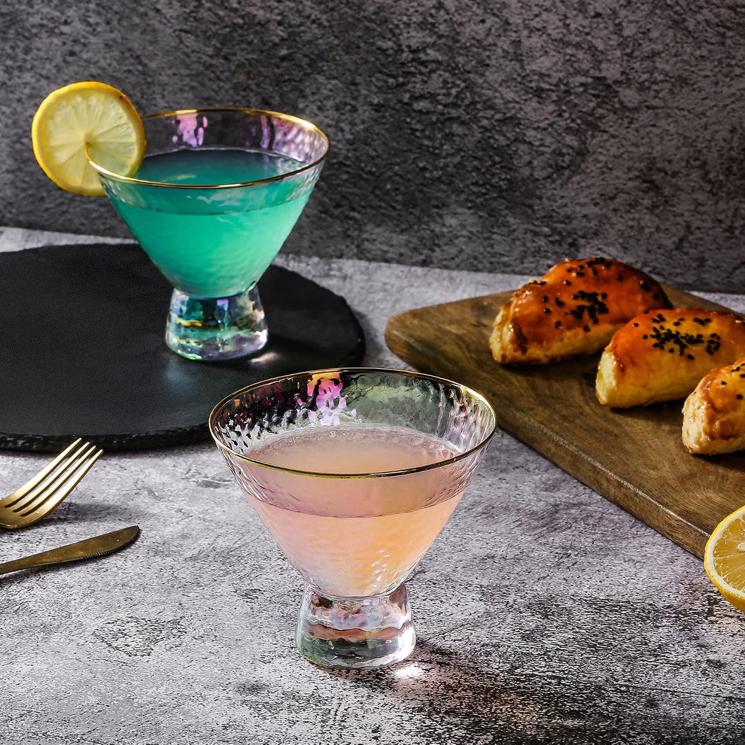Lysenn Schillernde Martini-Gläser ohne Stiel, 2 Stück – Premium gehämmerte Cocktailgläser für Hochze
