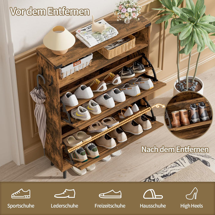 Schuhschrank Schmal, Schuhregal mit 2 Klappen, Schuhkipper mit 4 Ablageflächen, Schuhkommode mit off