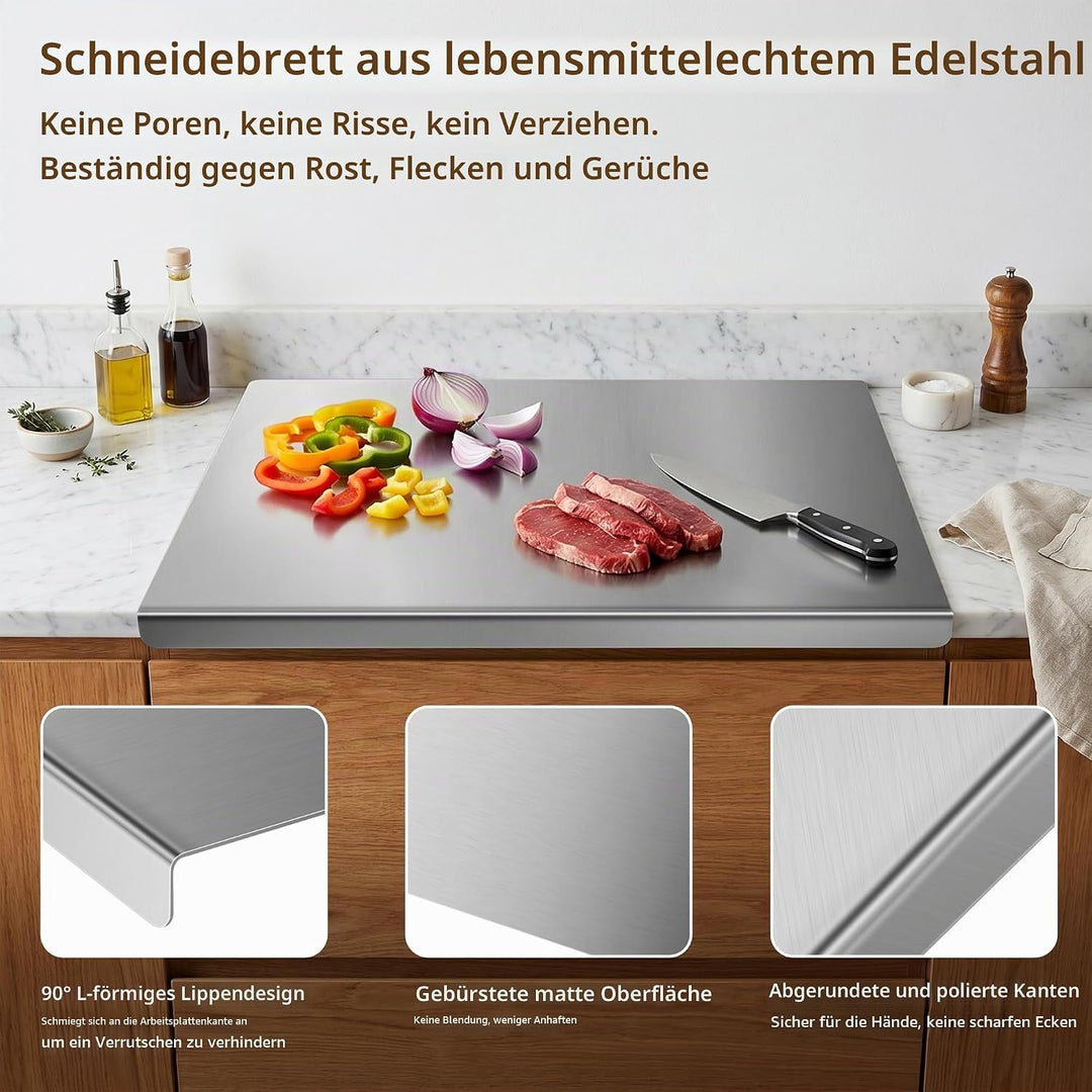 Edelstahl Schneidebrett mit Anschlagkante, Küchenbrett 40 x 30 cm zum Teigkneten, Fleisch, Gemüse un