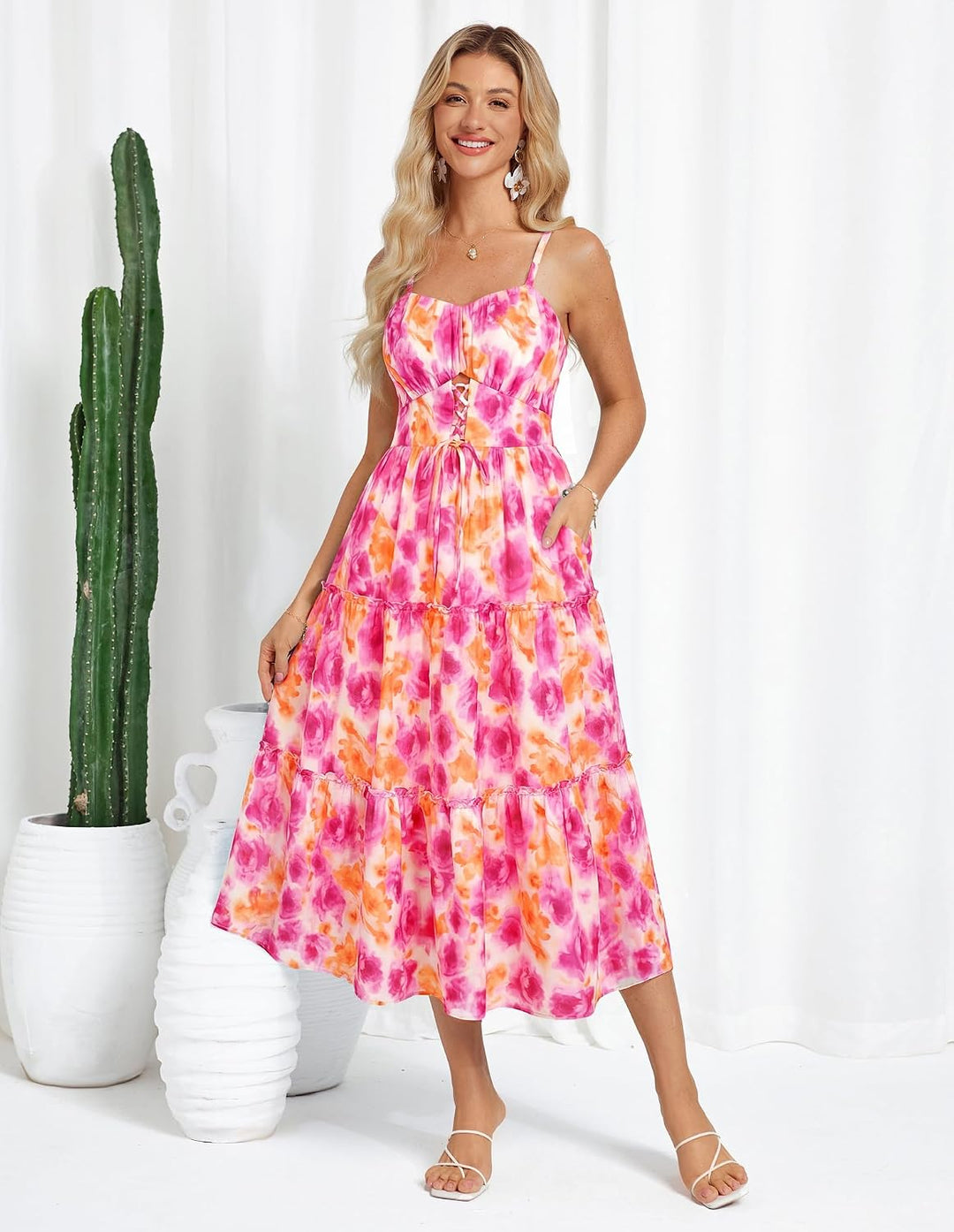 GRACE KARIN Damen Sommerkleid A-Linie Blumenkleid Casual Strandkleid Trägerkleid Midi Boho Kleid Fre