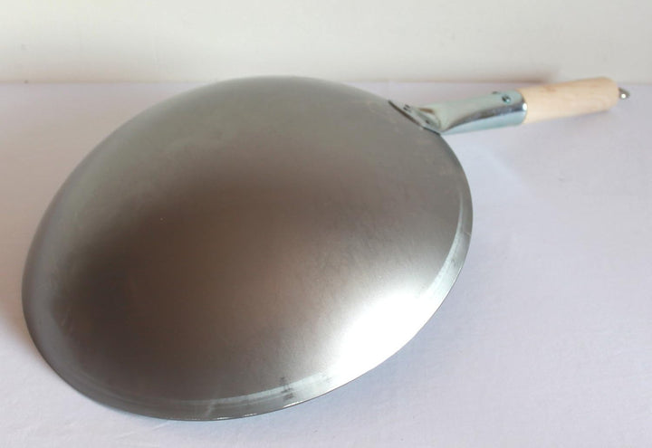 Wok Pfanne runder Boden Ø 35 cm, für Gas, mit Holzgriff auch zum Aufhängen