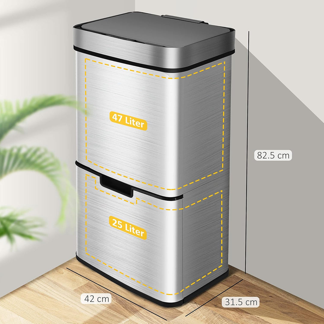 Ribelli Edelstahl - Mülltrennsysteme mit 3+1 Fächer - Mülleimer mit Sensor - 72 Liter (2x12 + 1x48 L