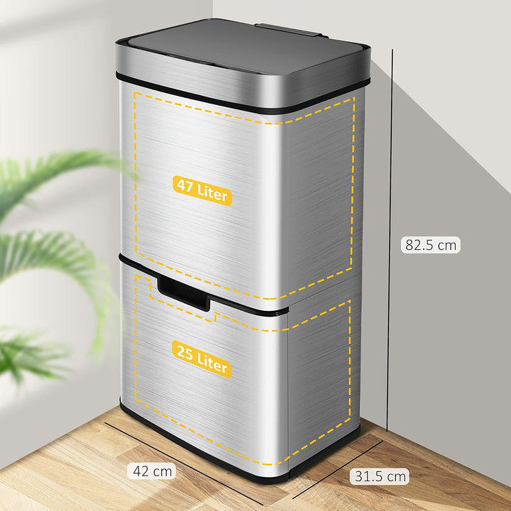 Ribelli Edelstahl - Mülltrennsysteme mit 3+1 Fächer - Mülleimer mit Sensor - 72 Liter (2x12 + 1x48 L